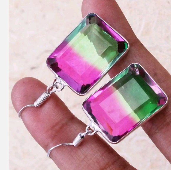 Bi-Color Tourmaline Faceted Silver Earrings - Picture 3 of 6